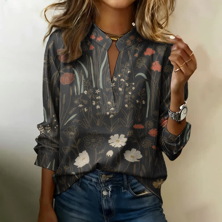 Ditsy Wildflower Art Print Notch-collar Long-sleeve Blouse - Black - 3XL - image 3