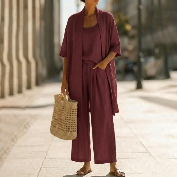 Cozy Solid Texture Top& Pants & Kimono Cardigan 3-piece Set - Wine - 2XL - image 5