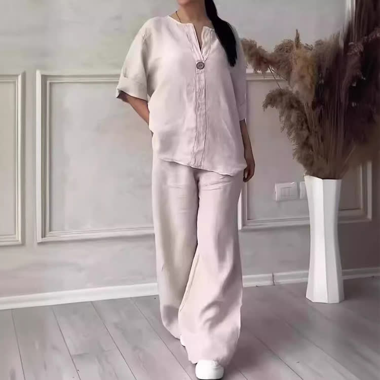 Solid Cozy Notched Collar Long-sleeve Blouse & Wide-leg Pants Set - Apricot - 5XL - image 6