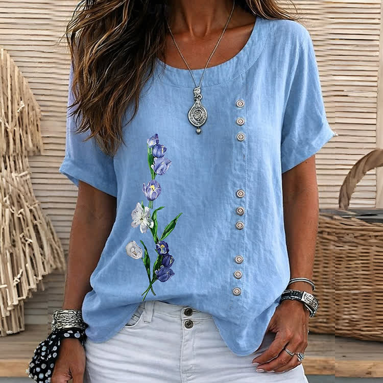 Casual Tulip Art Print Short Sleeve Blouse - Sky Blue - 5XL - image 4