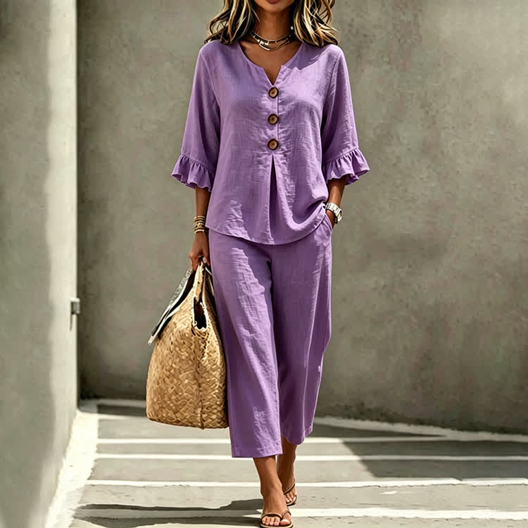 Elegant Solid Ruffle Sleeves Blouse & Casual Pocket Pants Set - Purple - 4XL - image 5