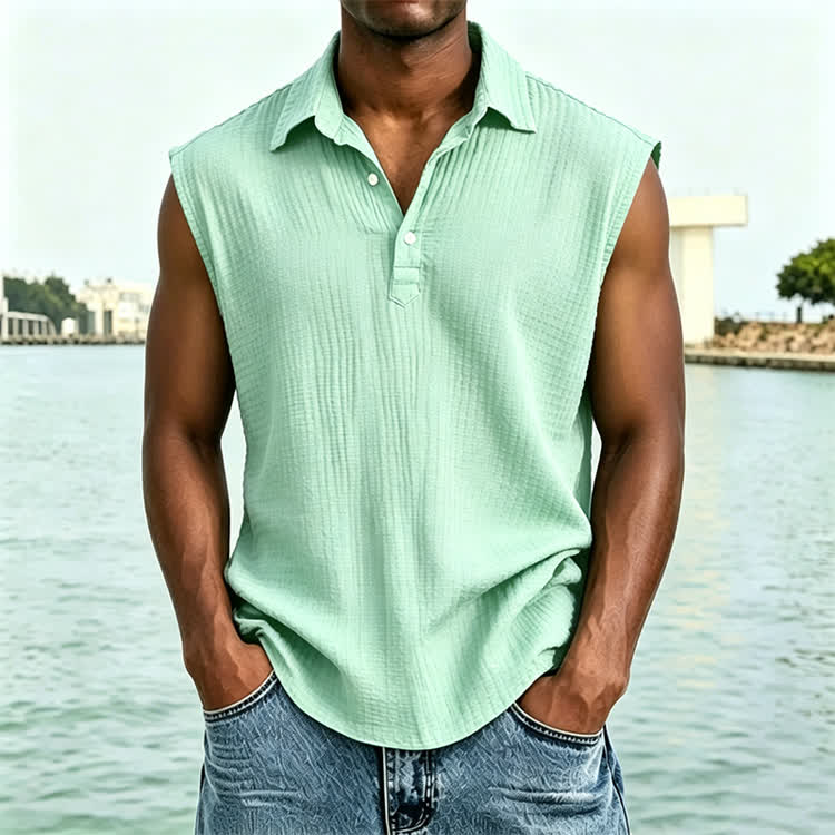 Cozy Solid Texture Sleeveless Button Polo Shirt - Mint - 4XL - image 10