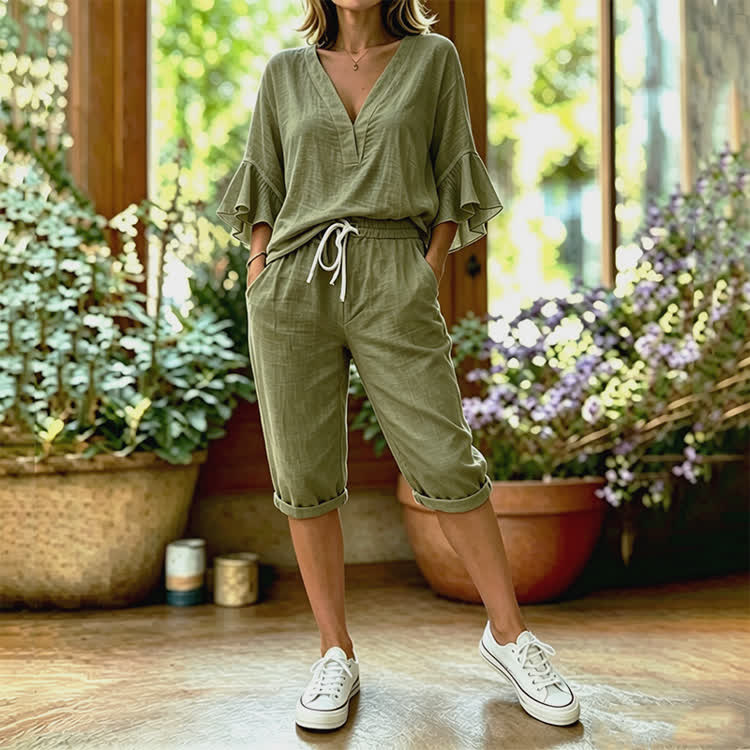 Elegant Solid Texture V-neck Half Sleeve Blouse & Pocket Mid Short Set - Army Green - 4XL - image 8