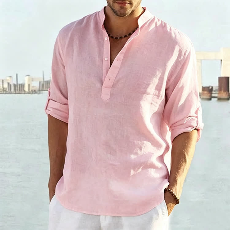 Men's Casual Cotton Linen Solid Color Henley Neck Long Sleeve Shirt - Pink - 5XL - image 12