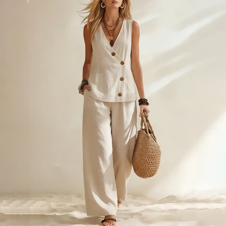 Cozy Solid wood-Button V-neck Sleeveless Top & Pants Set - Beige - 3XL - image 5
