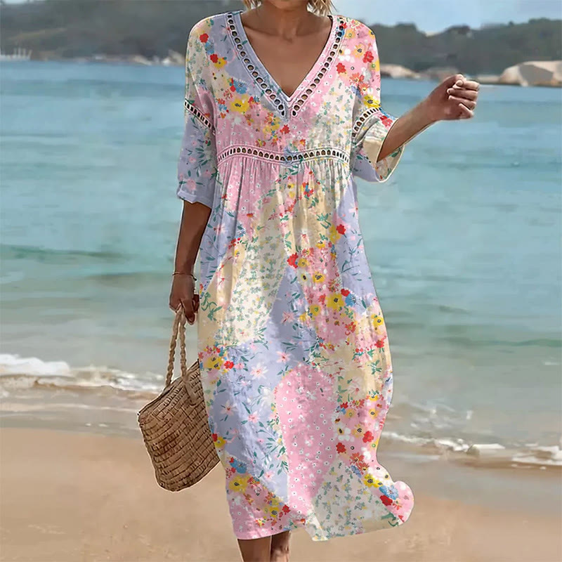 Boho Floral Print V-neck Mid Dress - Multicolor - US 16-18 (4XL) - image 4