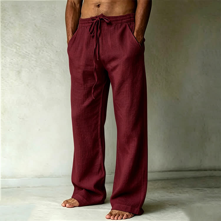 Cozy Solid Drawstring Tie Pocket Straight Leg Trousers - Wine - 4XL - image 11