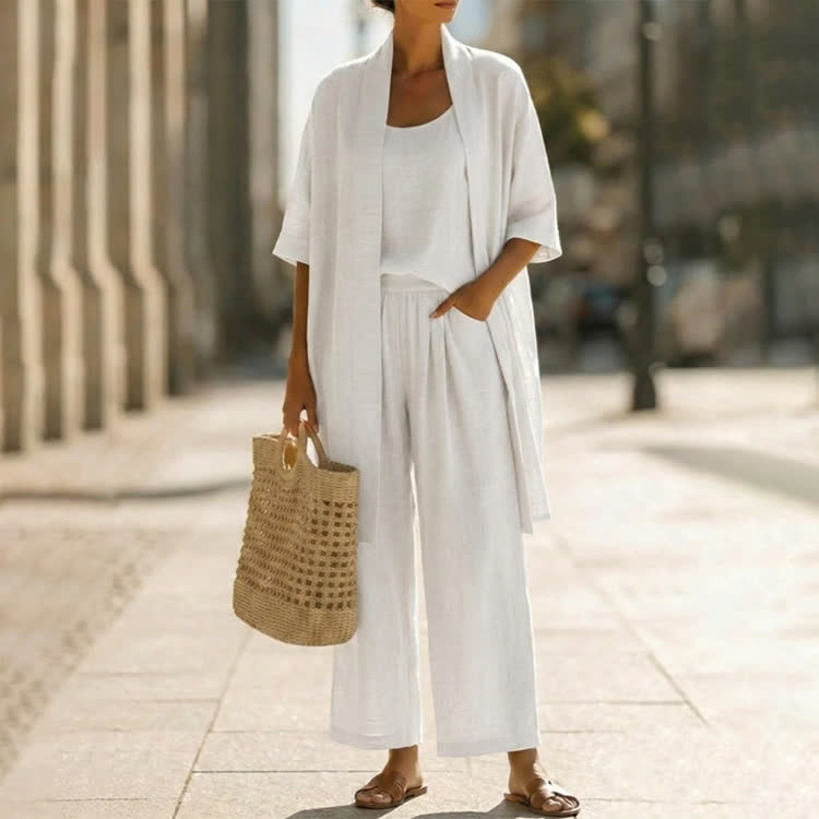 Cozy Solid Texture Top& Pants & Kimono Cardigan 3-piece Set - White - 2XL - image 7