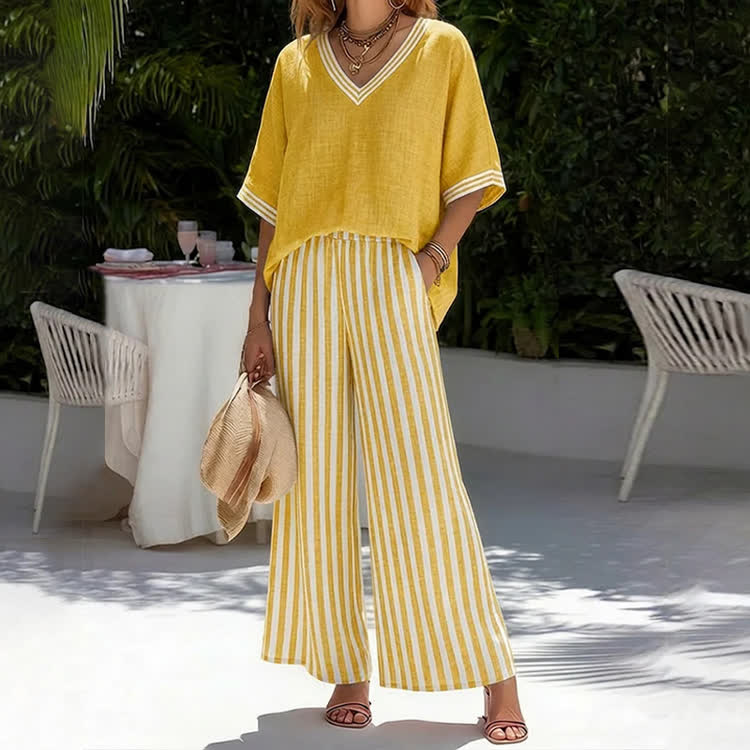 Elegant Stripe Print V-neck Half-sleeve Blouse & Wide-legs Pants Set - Yellow - 3XL - image 7