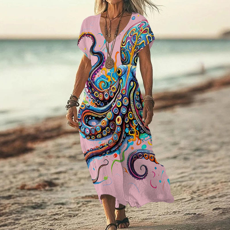 Vintage Rainbow Octopus Art Print V-neck Dress - Pink - 6XL - image 7