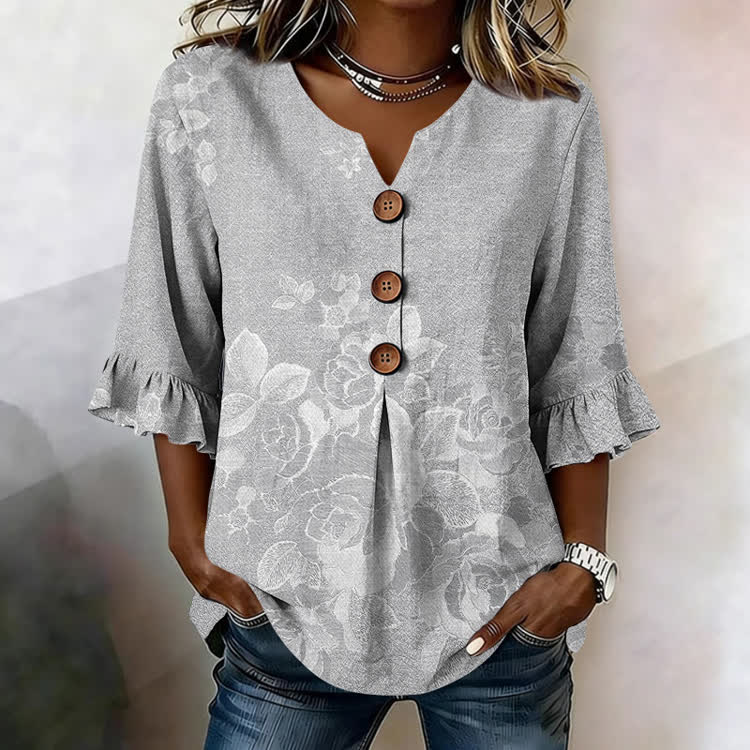 Subtle Floral Texture Pattern Print Button V-Neck Blouse With Ruffle Sleeves - Light Gray - US32-34(5XL) - image 3