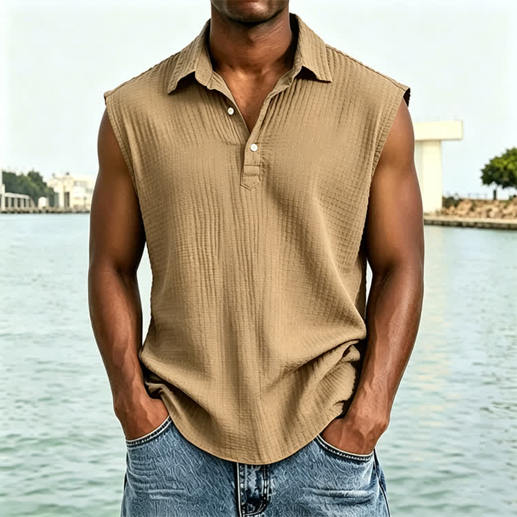 Cozy Solid Texture Sleeveless Button Polo Shirt - Khaki - 4XL - image 11