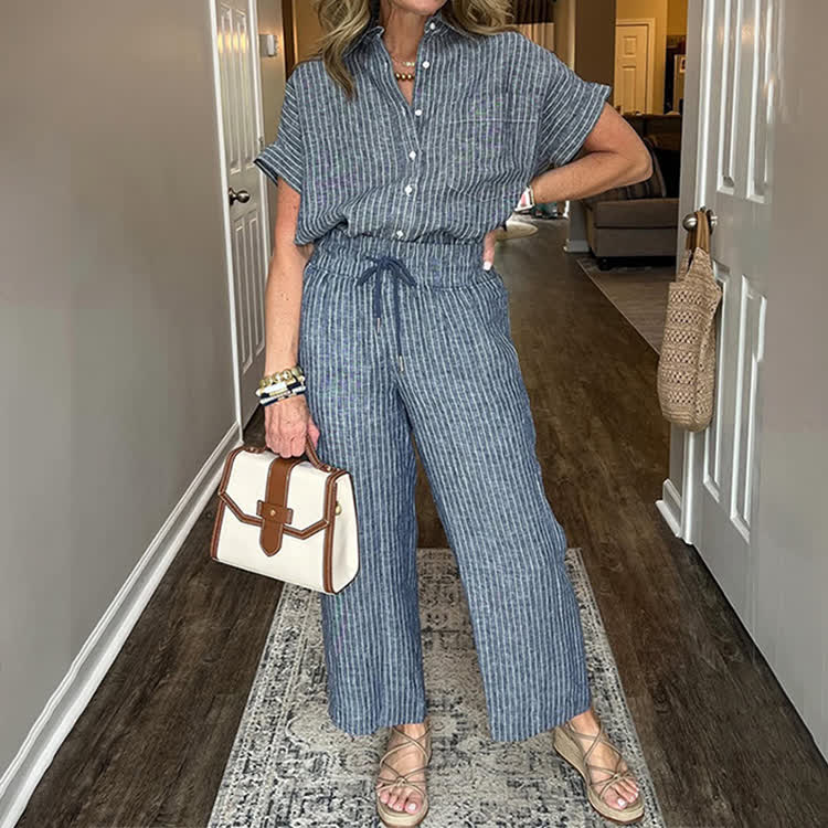 Elegant Striped Print Short-sleeve Shirt & Pants - Dark Grey - 5XL - image 10