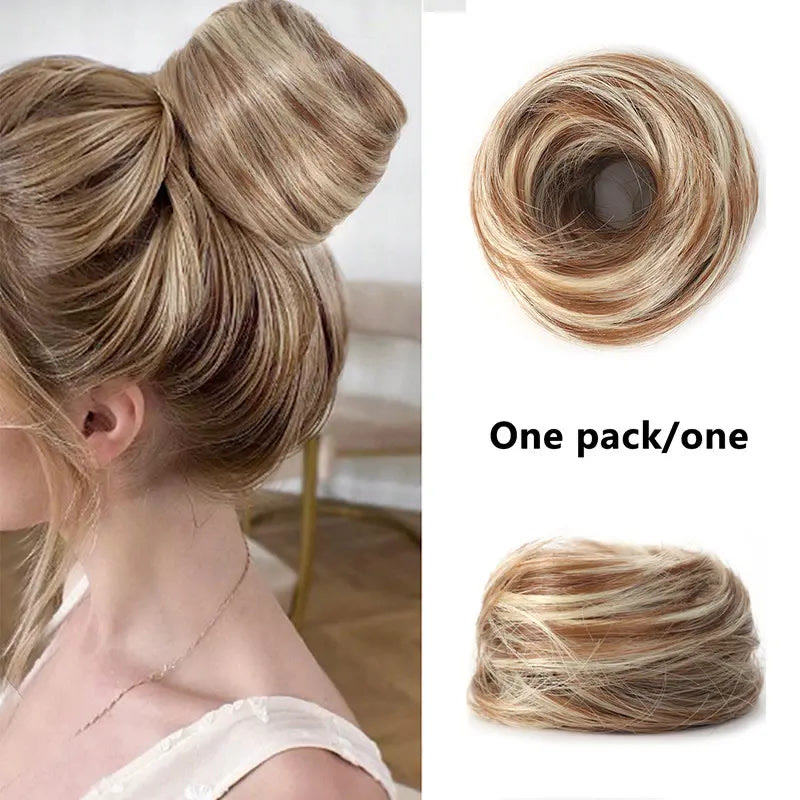 Synthetic Messy Bun Hair Piece forWomen Curly Updo Scrunchie Extension for Instant Volume and a High Crown - Golden Brown with Bleach Blonde Highlights - 3PCS - image 14
