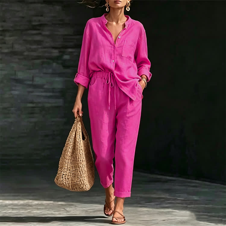 Solid Casual Texture Stand Collar Long-sleeve Shirt & Large Pocket Pants Set - Rose - 5XL - image 5
