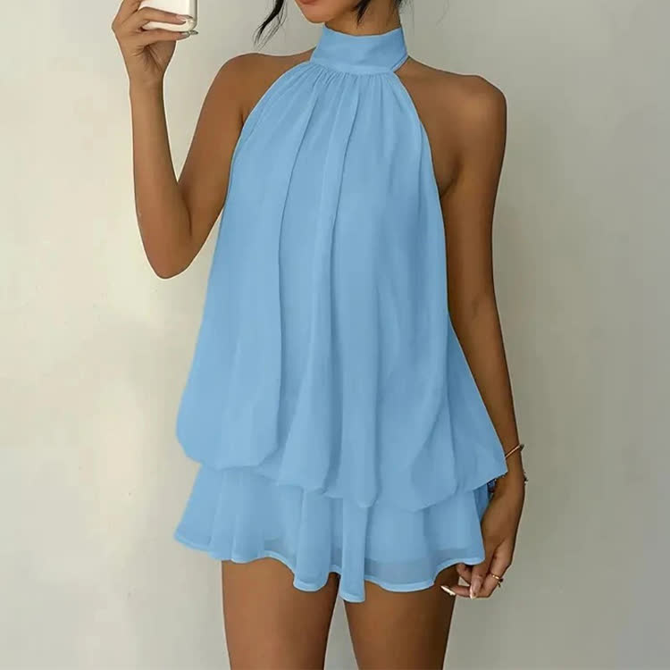 Solid Color Halter Neck Off Shoulder Dress - Sky Blue - US16-18(2XL) - image 7