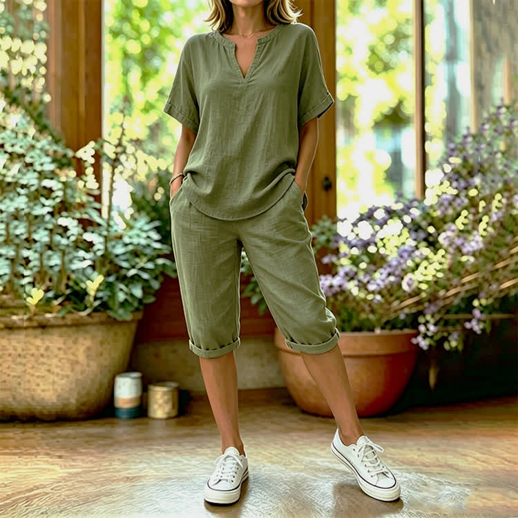 Solid Color Short Sleeve Casual Blouse & Pocket Mid Short Set - Army Green - 4XL - image 6