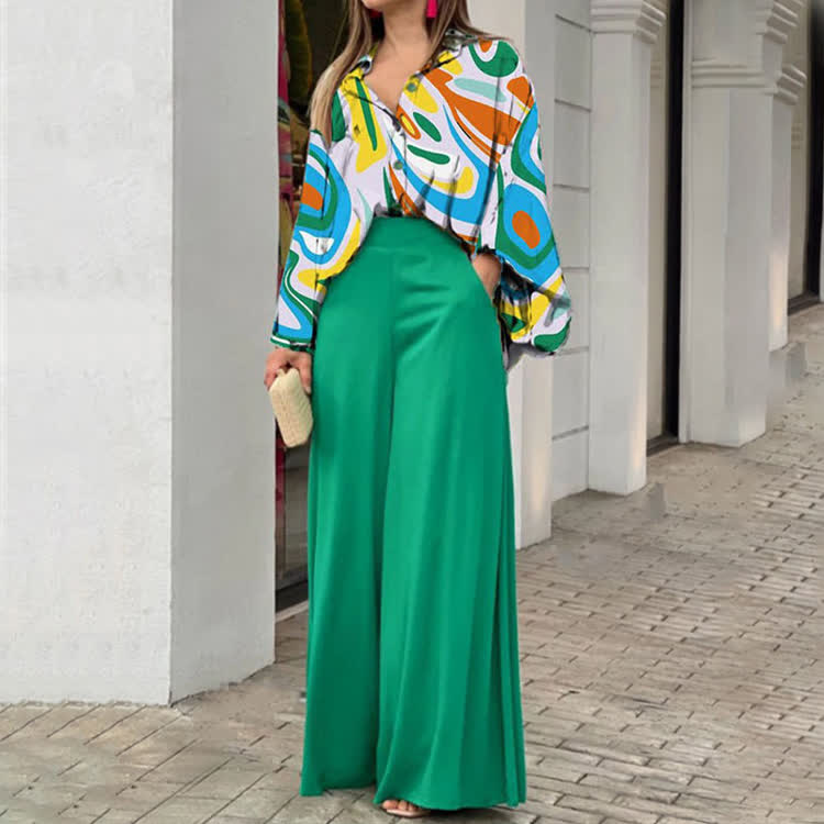 Elegant Color Block Print Turn-down Collar Lantern-sleeve Shirt & Large Pocket Wide-leg Pants Set - Olive Green - 3XL - image 5