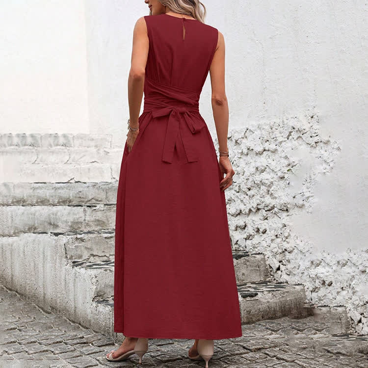 Elegant Solid Waist Tie Sleeveless Round-sleeve Maxi Dress - image 12