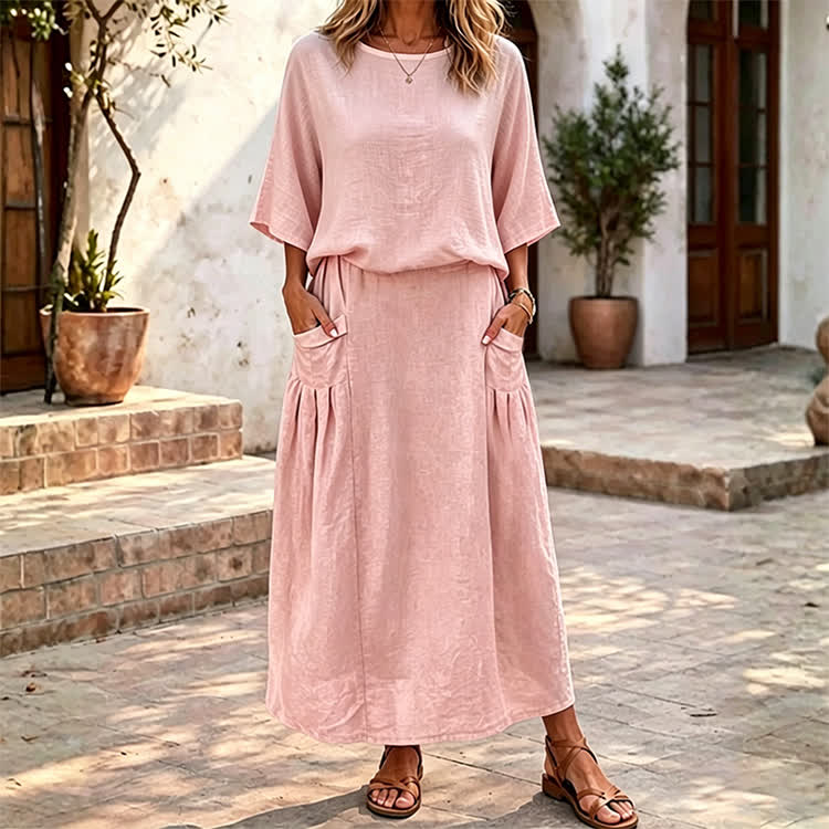 Elegant Solid Print 3/4 Sleeve Casual Blouse & Solid Pocket Skirt Set - Pink - 4XL - image 5
