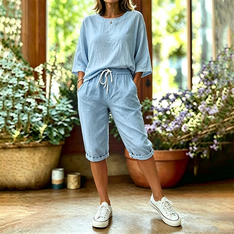 Elegant Solid Print 3/4 Sleeve Casual Blouse & Pocket Mid Short Set - Light Blue - 4XL - image 3