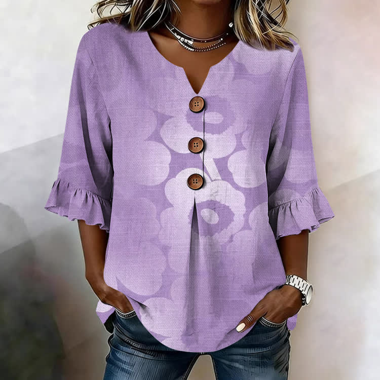 Minimalist Gradient Florals Pattern Print Button V-Neck Blouse With Ruffle Sleeves - Purple - US32-34(5XL) - image 3