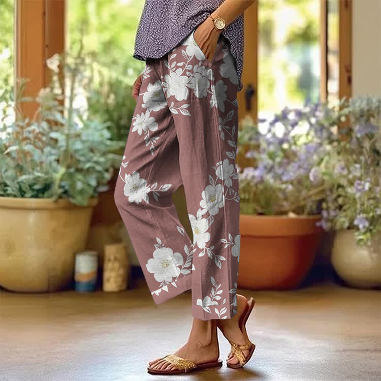 Vintage Floral Branch Pattern Print Casual Pocket Pants  - Pink - US 20 (5XL) - image 3