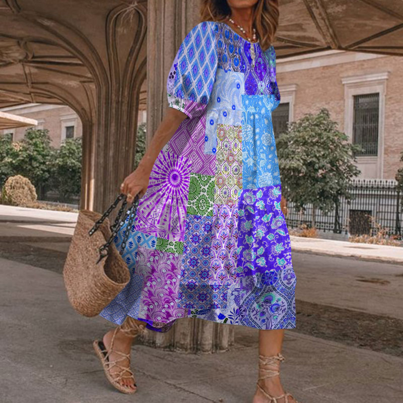 Summer Vacation Boho Multicolor Floral Art Patchwork Print Casual Loose Dress - Blue - 5XL - image 4