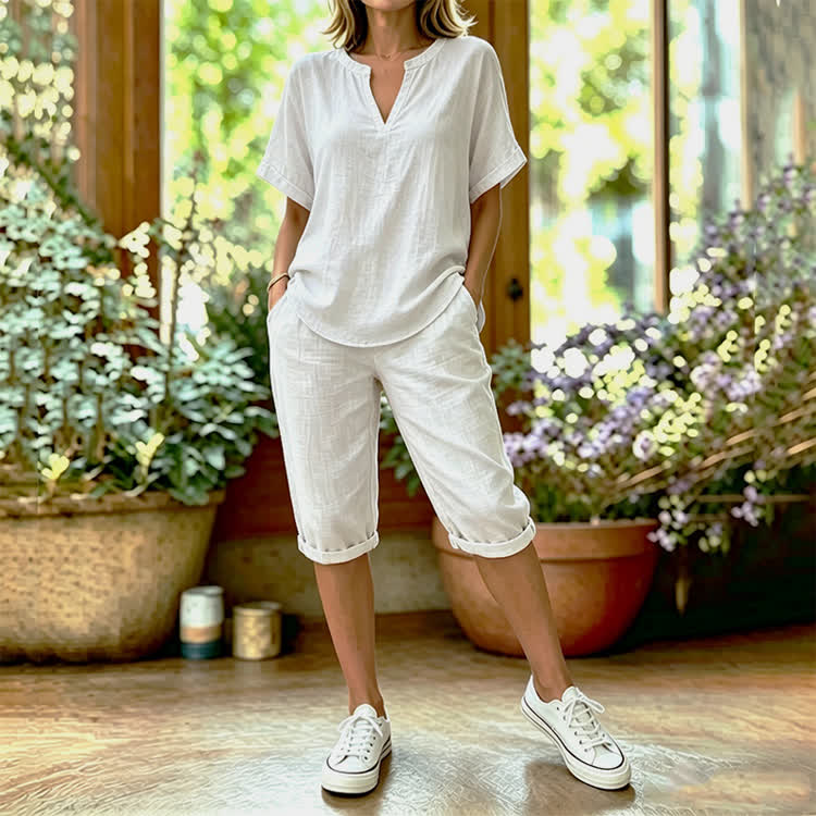 Solid Color Short Sleeve Casual Blouse & Pocket Mid Short Set - White - 4XL - image 10