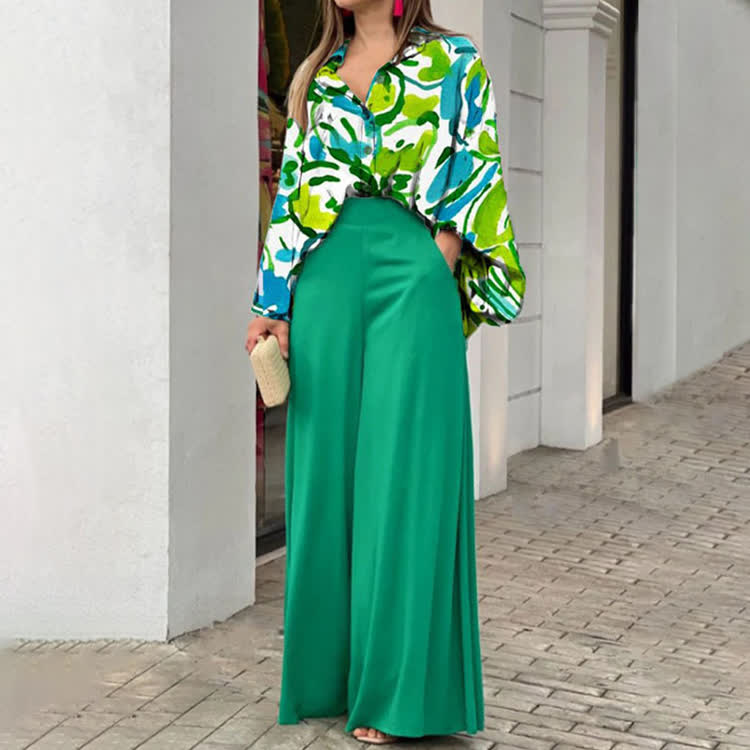 Elegant Color Block Print Turn-down Collar Lantern-sleeve Shirt & Large Pocket Wide-leg Pants Set - Dark Green - 3XL - image 8
