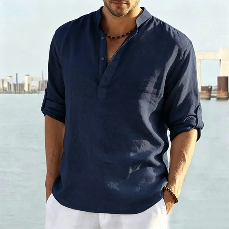 Men's Casual Cotton Linen Solid Color Henley Neck Long Sleeve Shirt - Navy Blue - 5XL - image 10