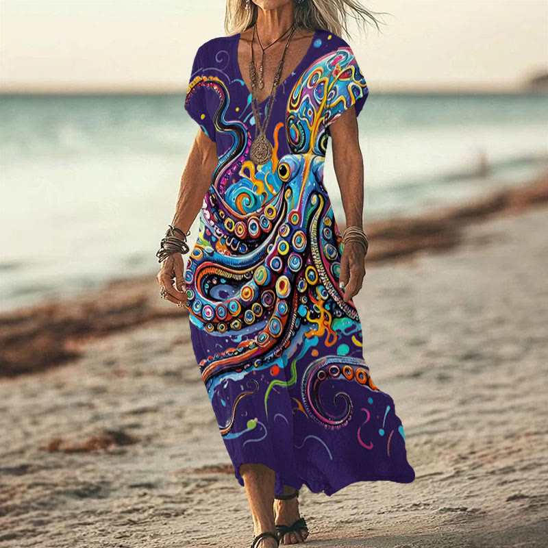 Vintage Rainbow Octopus Art Print V-neck Dress - Royal Blue - 6XL - image 4