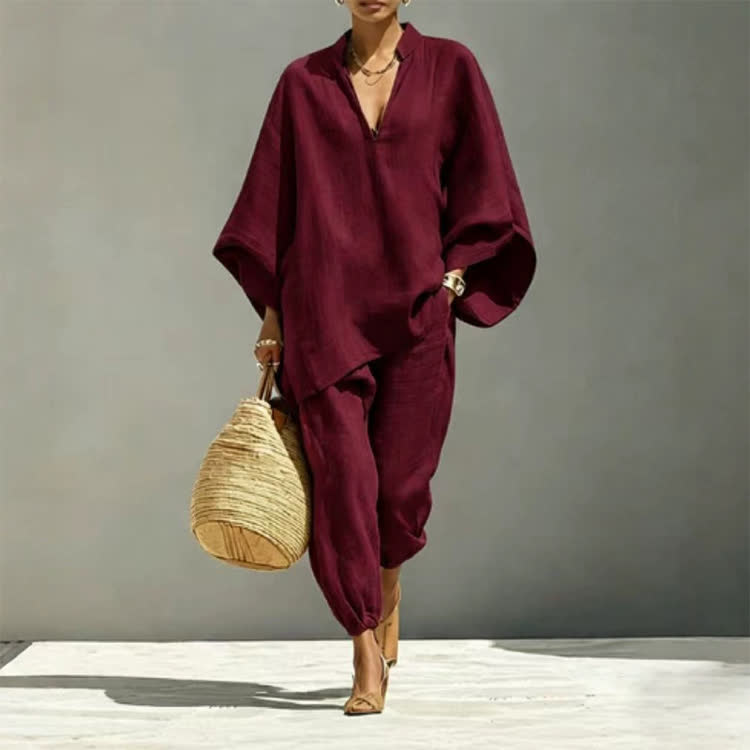 Elegant Solid V-neck Long-sleeve Loose Blouse & Bloomers Pants - Wine - 3XL - image 9