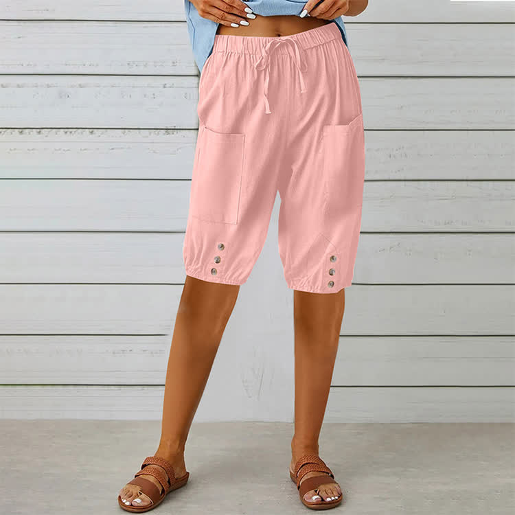 Elegant Solid Cozy Button-tab Hem Casual Pocket Capri Mid Pants  - Pink - 3XL - image 7