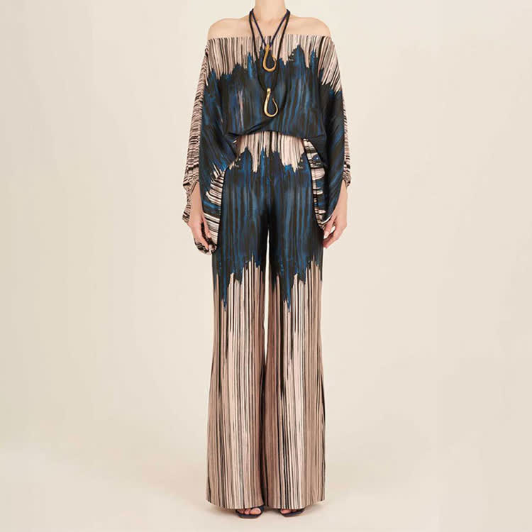 Fashion Tie-dye Stripe Gradient Cold Shoulder Batwing Sleeves Tops & Wide Leg Pants Set - Dark Blue - 3XL - image 4