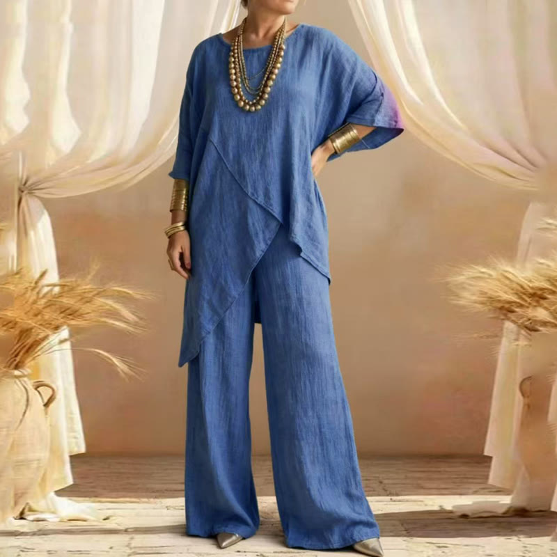Elegant Solid Irregular Hem Round-neck 3/4 Sleeves Blouse&pants Set - Royal Blue - 3XL - image 5