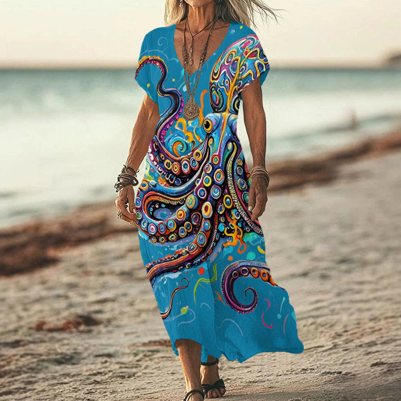 Vintage Rainbow Octopus Art Print V-neck Dress - Lake Blue - 6XL - image 3