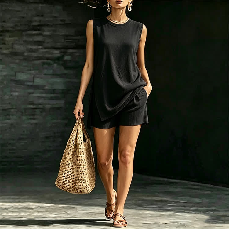 Solid Sleeveless Knit Sweater High Side Slit Top & Short 2 Piece Set - Black - 3XL - image 7