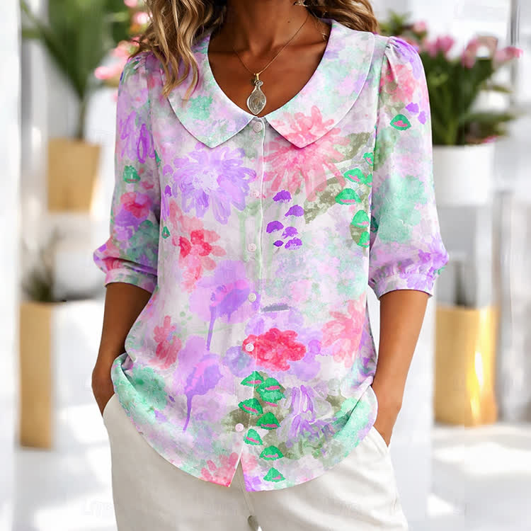 Dreamy Spring Floral Print Button-up Half-sleeve Blouse - Purple - US32-34(5XL) - image 4