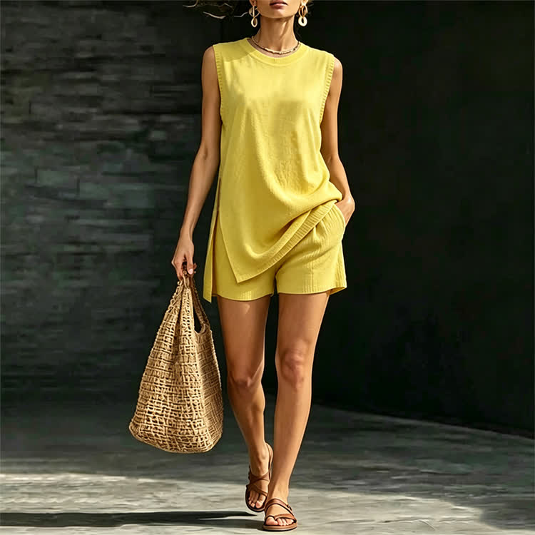 Solid Sleeveless Knit Sweater High Side Slit Top & Short 2 Piece Set - Yellow - 3XL - image 16