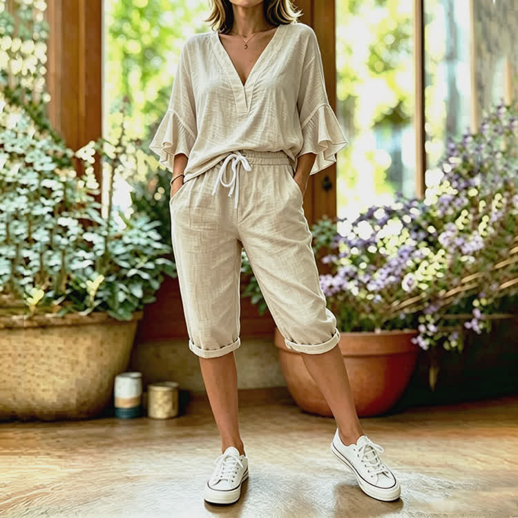 Elegant Solid Texture V-neck Half Sleeve Blouse & Pocket Mid Short Set - Apricot - 4XL - image 4