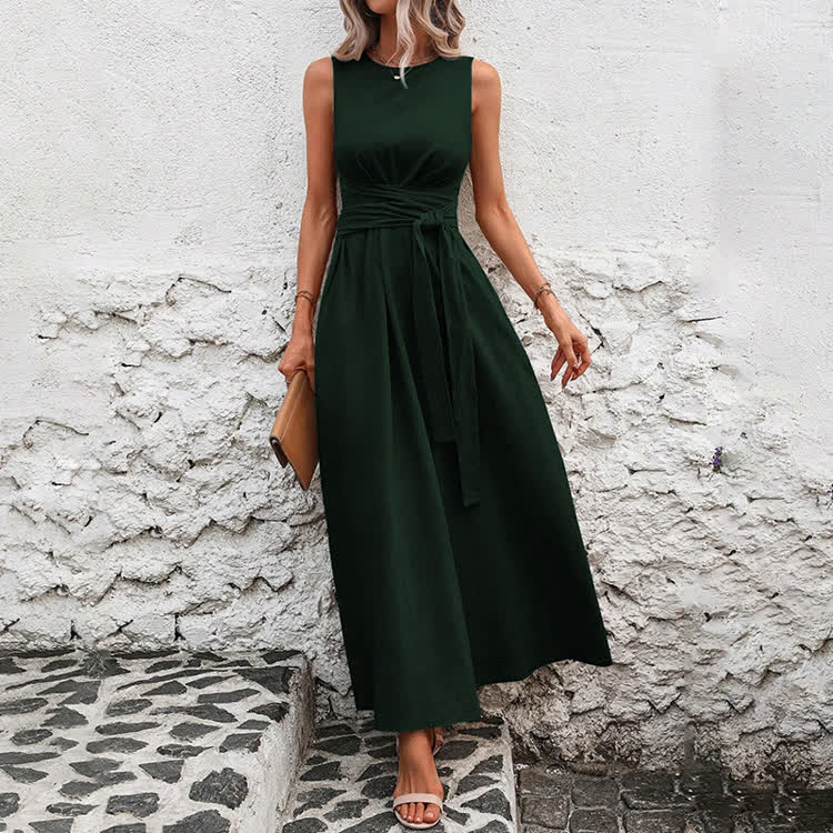 Elegant Solid Waist Tie Sleeveless Round-sleeve Maxi Dress - Green - 2XL - image 6