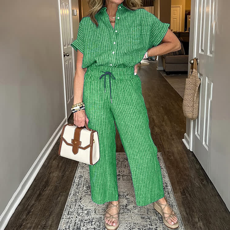 Elegant Striped Print Short-sleeve Shirt & Pants - Green - 5XL - image 4