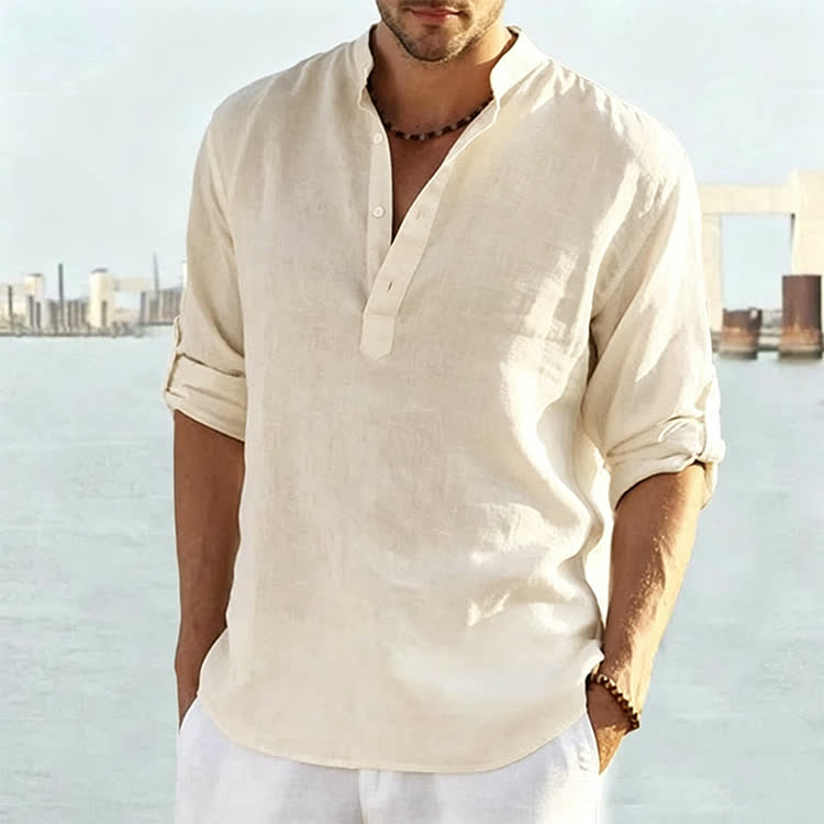 Men's Casual Cotton Linen Solid Color Henley Neck Long Sleeve Shirt - Beige - 5XL - image 13
