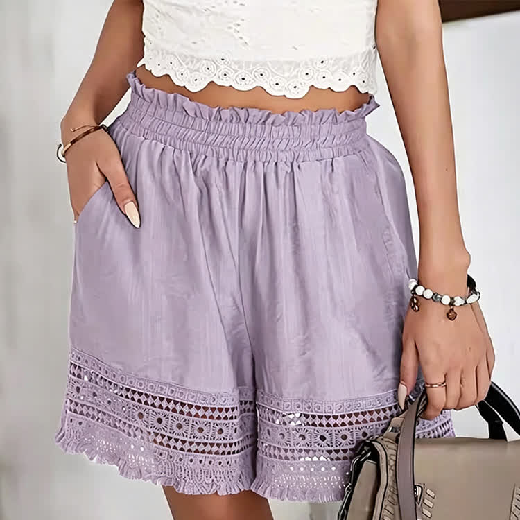 Boho Solid Lace Pocket Short Pants  - Purple - 2XL - image 7