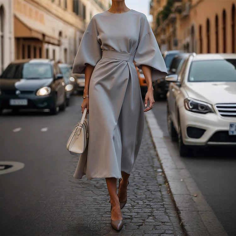 Elegant Solid Demeanor Batwing Sleeves Round-sleeve Dress - Light Gray - 3XL - image 10