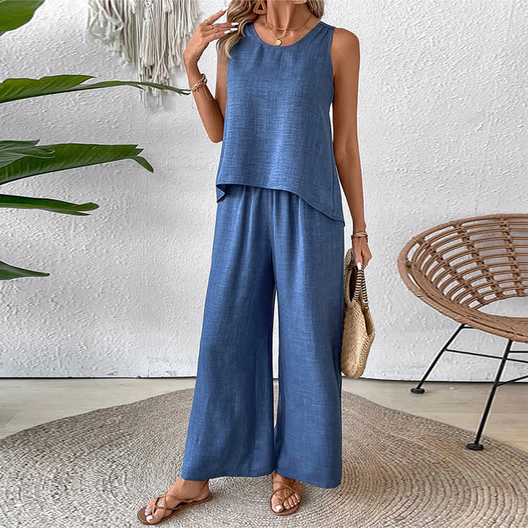 Boho Solid Woven Lace Round-neck Sleeveless Top & Pants Set - image 10