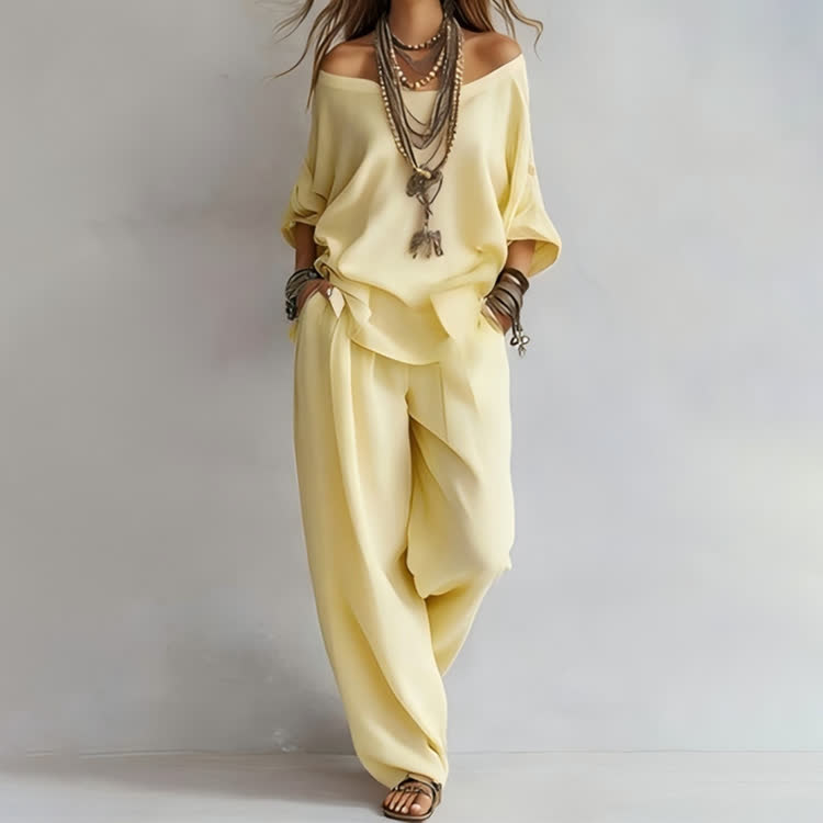 Simple Solid Cozy Wide Collar 3/4-sleeve Top & Pants Set - Yellow - 3XL - image 4