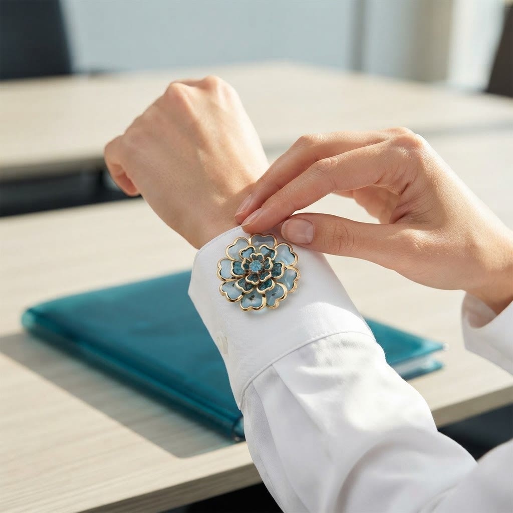 Enamel Floral Button Cover Worn on White Shirt Cuff