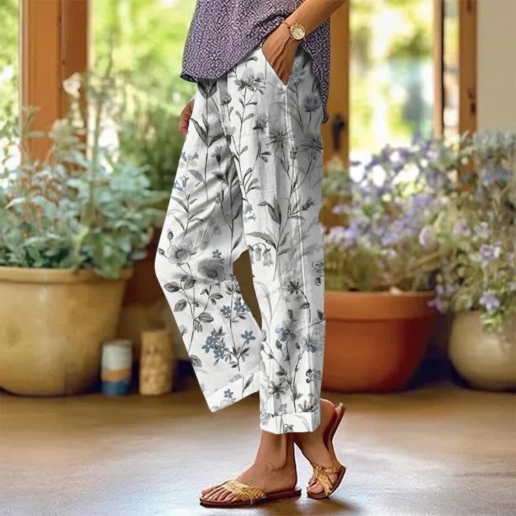 Pastoral Watercolor Flowers And Plants Pattern Print Casual Pocket Pants  - Light Gray - US 20 (5XL) - image 3